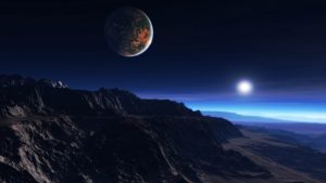 Exoplanet Atmosphere Clouds Stars Moon Mist Mountains Rocks Desktop Background