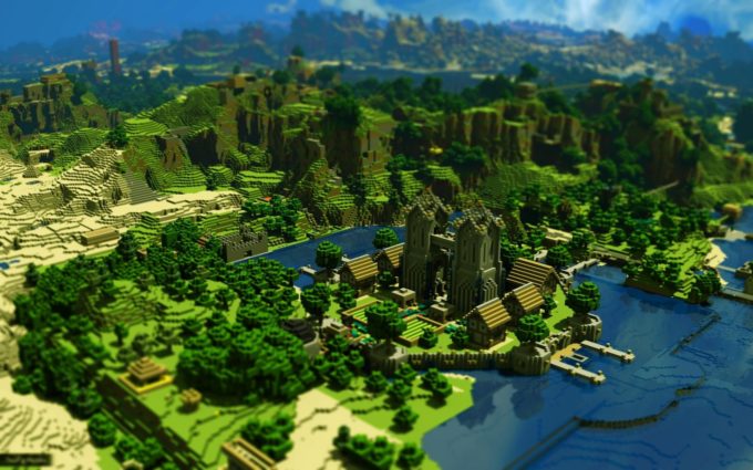 Minecraft Trees Houses Mountains Desktop Background
