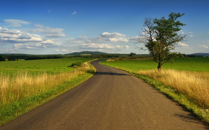 Photo Of Road In The Middle Of The Grass Field Desktop Wallpapers
